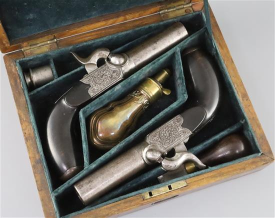 A pair of early 19th century box percussion lock pocket pistols, pistols 6.75in.